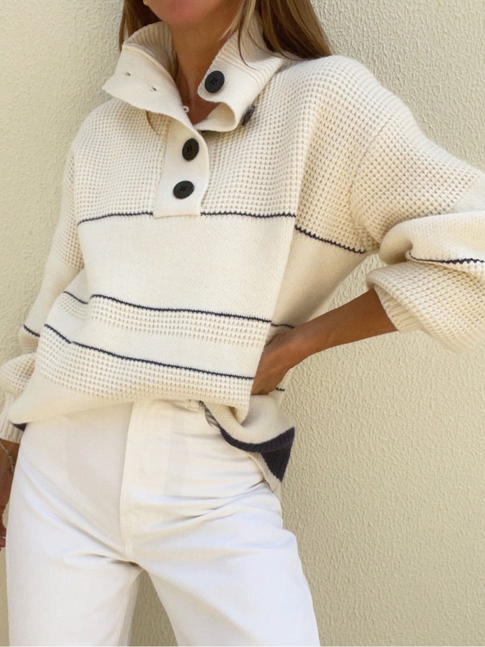 ♥️ Waffle-Knit Half Button Long Sleeve Sweater
